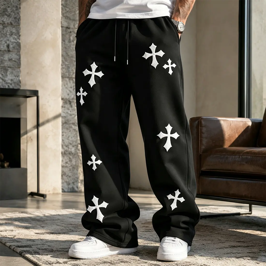 Men’s solid-color wide-leg pants with an elastic waistband and front drawstring; stylish and versatile, suitable for everyday wear, street style, and campus looks; men’s bottoms. sohochic
