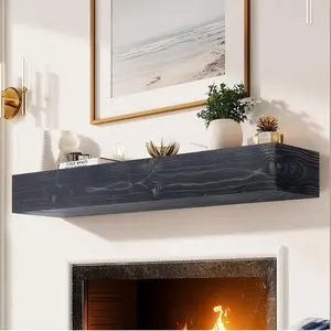 48x8x5 Fireplace Mantel - Handcrafted Hollow Rustic Solid Wood Wall Mounted Floating Shelf with Invisible Heavy Duty Wood Bracket (Weathered Black)