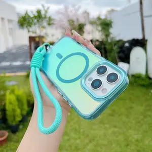 Fashion Laser Gradient Magnetic Lanyard Shockproof Case for iPhone 16 Pro Max 15 14 13 11 12 Pro Max 16Plus 16E Magsafe Cover