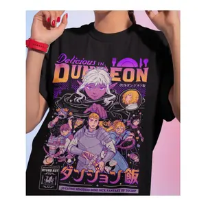 Men's Retro Anime Graphic T-Shirt - Casual Round Neck, Breathable Cotton Tee with "Deflection in Dungeon" Print for Summer Outdoor Activities, Anime Clothes