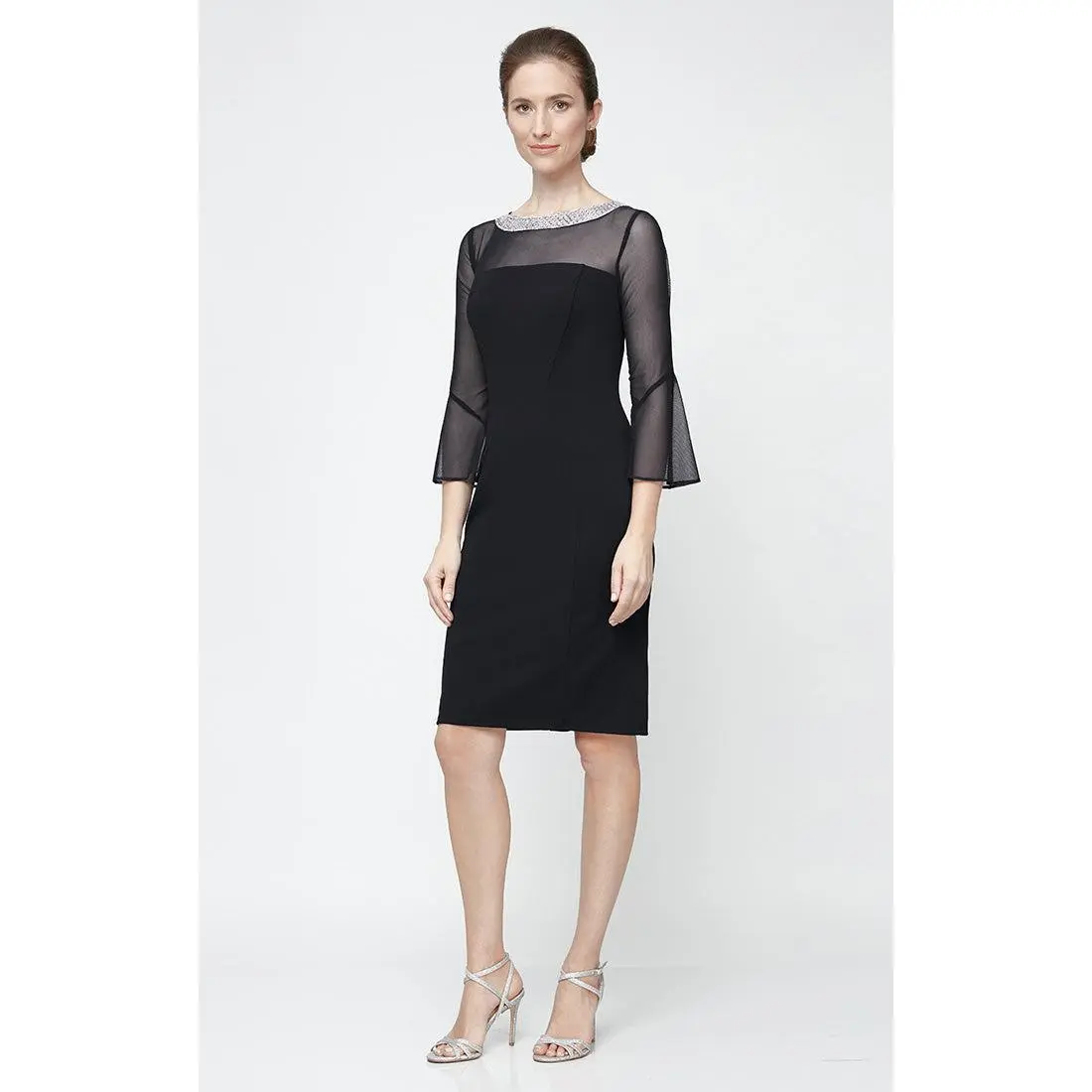Petite Sheath Crepe Cocktail Dress with Beaded Illusion Neckline & Bell Sleeves