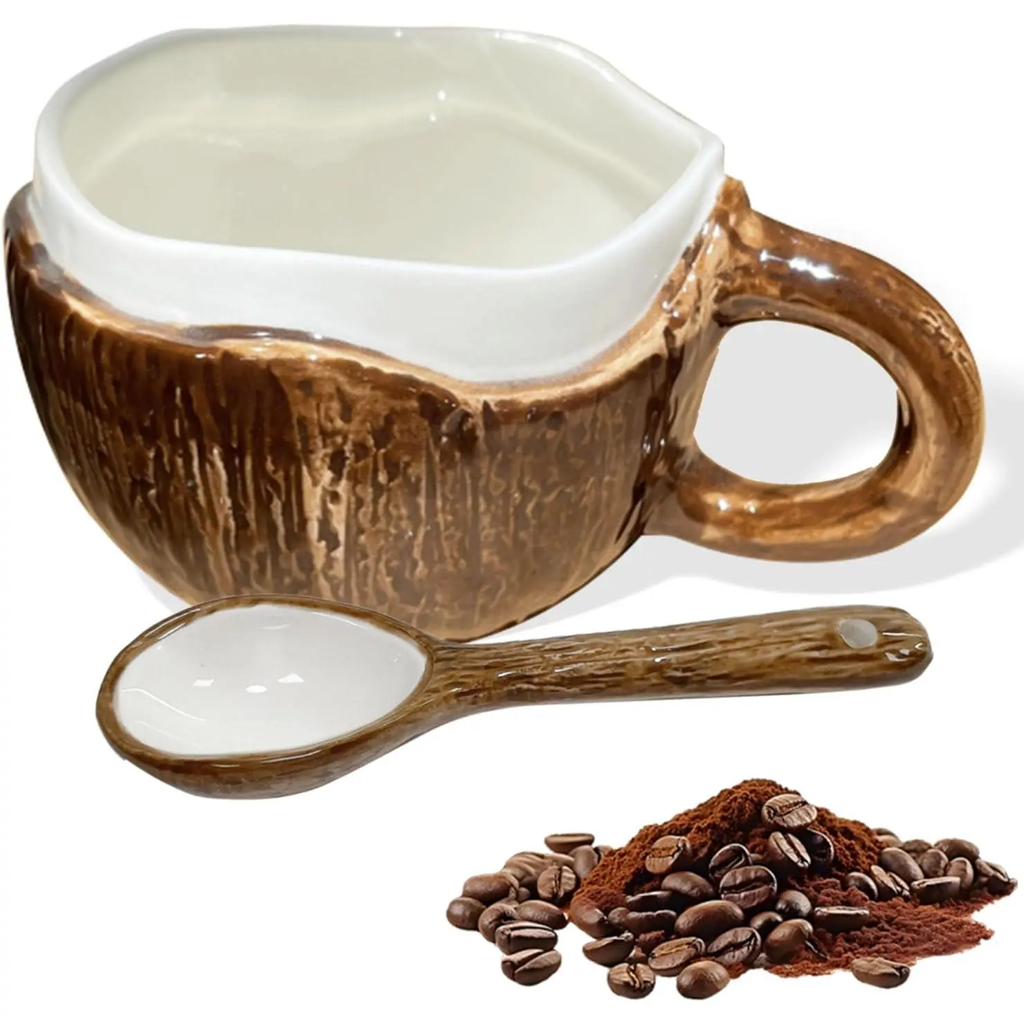 10 oz Reusable Sturdy Tropical Coconut-Shaped Ceramic Mug with Spoon - Kids' Washable Kitchen Drinkware, Ideal for Coffee, Home Use, Reuse