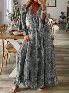 Boho Style Bell Sleeve Print V Neck Long Flared Dress High Waist Slimming, Flowy Details Beach Vacation Travel Photo Sweet Floral Dress