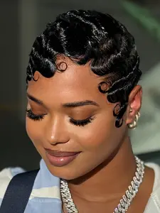 Elegant Finger Wave Pixie Cut Stylist Friendly Wig Deep Curly Layered Style For Women 180% Density Machine Made Hair Pixie Cut Wigs