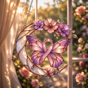 Pink Ribbon Butterfly Suncatcher Breast Cancer Awareness Window Hanging Faux Stained Glass Hope Gift Acrylic Art Decor