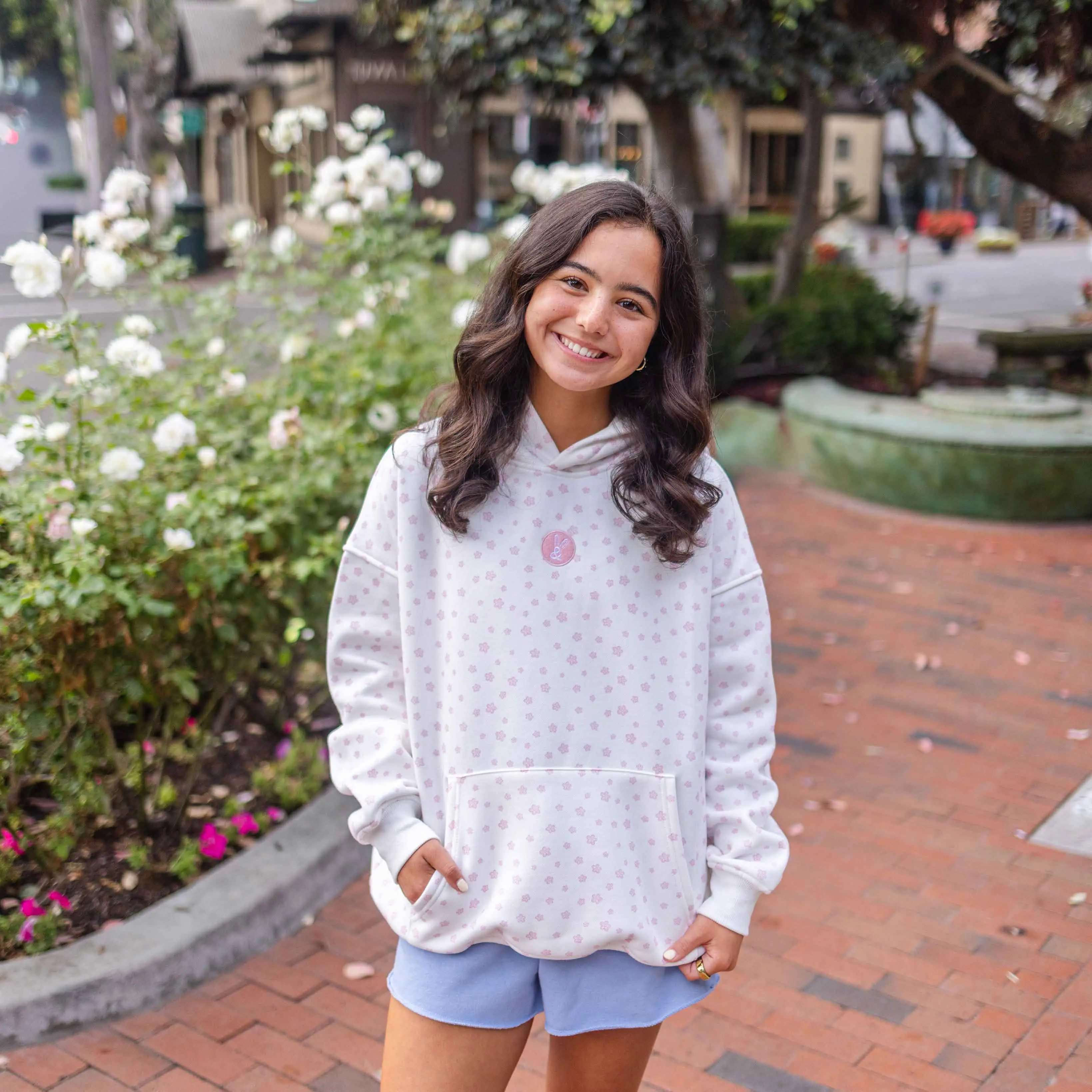 Relaxed Floral Print Hoodie in Pastel Pink