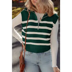 Blackish Green Ribbed Half Zip Collared Sweater Vest