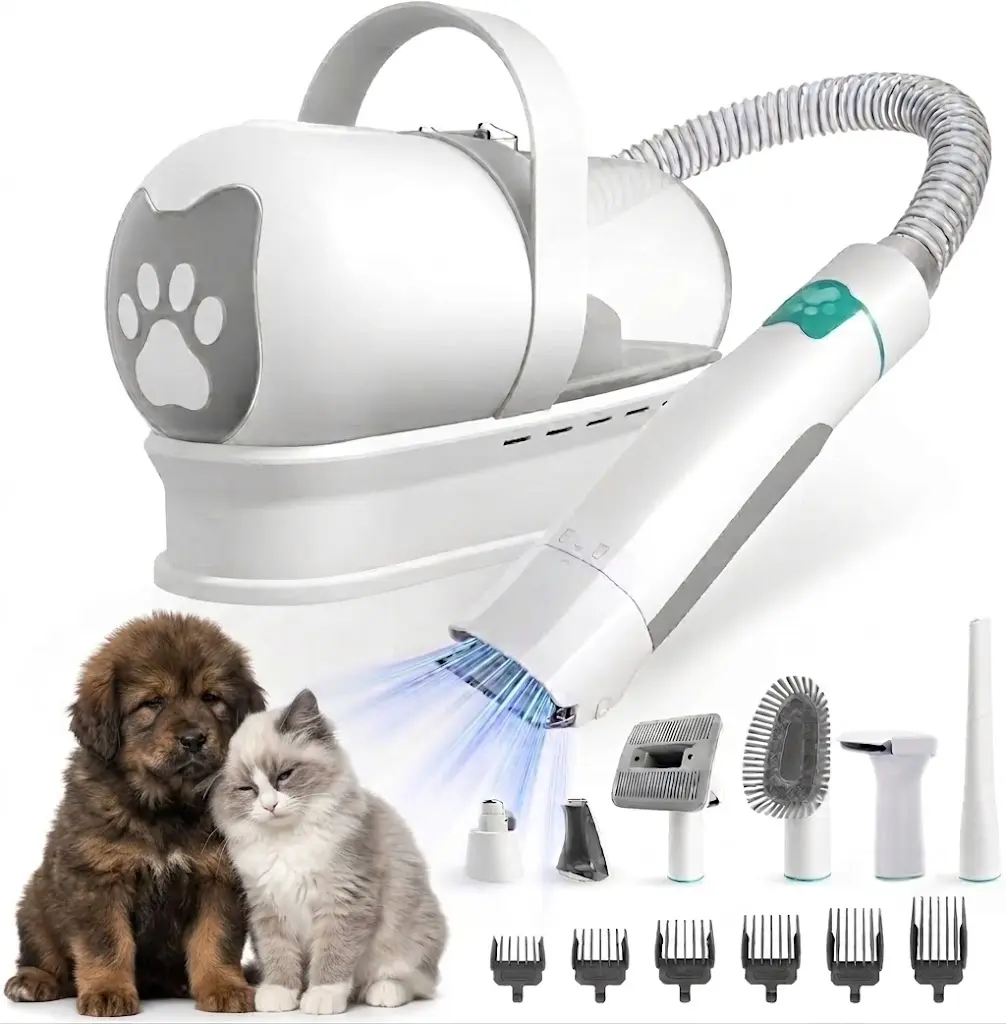 7-in-1 Heavy-Duty Pet Grooming System with Integrated Fur Vacuum, Multi-Size Comb Clipper Kit and Nail Polisher for Small to Medium Domestic Cats Dogs