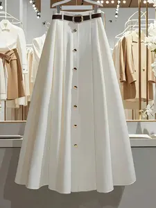 Women's French Button Decorated A-Line Skirt with Adjustable Belt, Casual Fitted Long Plain Skirt, All Seasons Fashion Womenswear, Trim Skirt