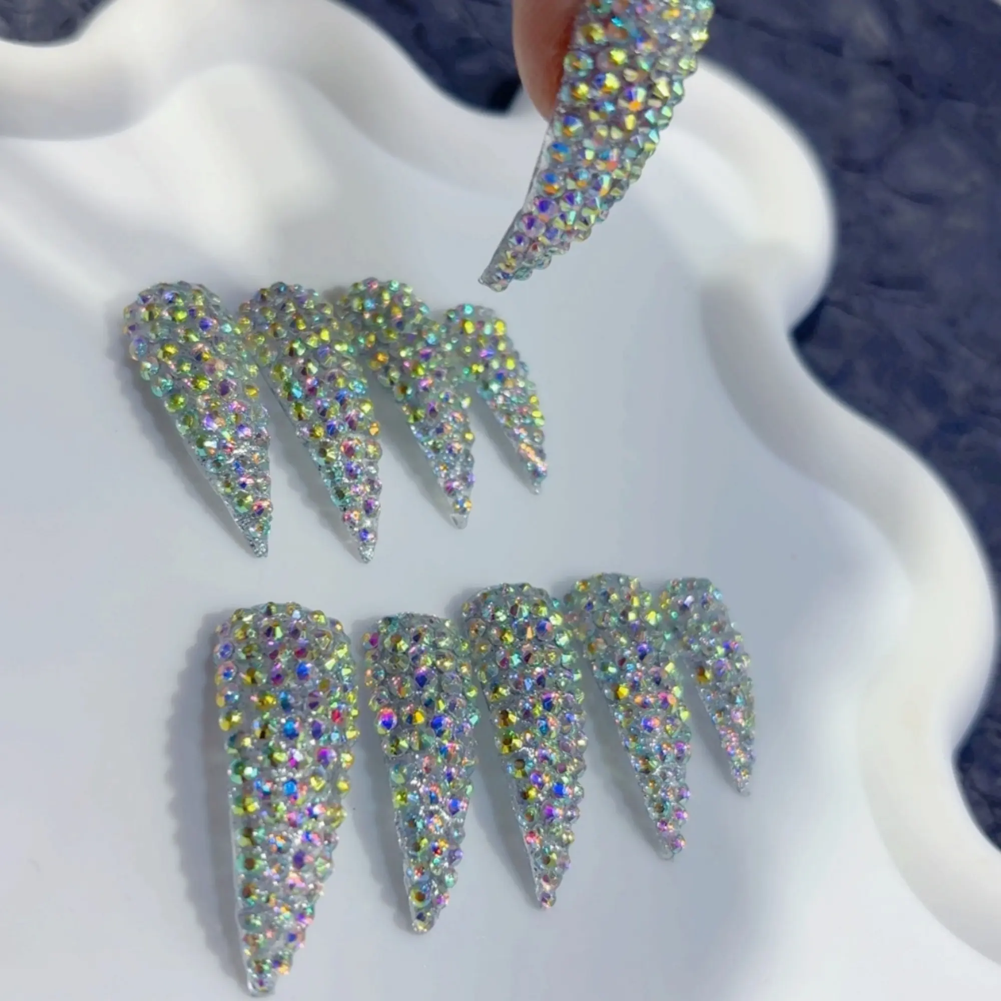 Long Curved Claw Almond Square Shape Handmade Press-On Nails, 10pcs Glossy Ombre French Tips with Bling Rhinestones, , Multi-Pack in Gift Box for Women, Nail Art Design, Ombre Tips, Press-On Wear