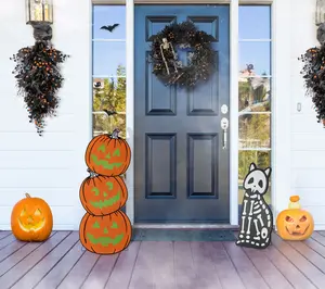 Glitzhome Halloween Skeleton Cat & Pumpkins Porch Signs S/2