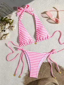 Summer Vacation Striped Bikini Set, Stripe Backless Halter Top, Bohemian Style, Side Tie Bottoms, Knot Detail