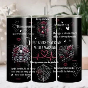 Dark Romance Reader Era Tumbler: Skull, Roses, and Red Flags Design – "The Darker The Better" – Gothic Book Club Gift for Her – 20oz Skinny Tumbler