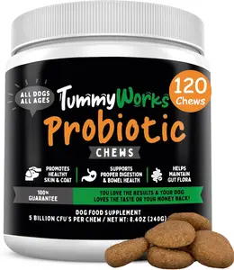 TummyWorks Probiotics for Dogs. 120 Probiotic Soft Chews for Digestive Health, Gut, Immunity, Energy, Allergies, Skin & Coat. 10 Strains, 5 Billion CFUs with 6 Enzymes. Made in USA