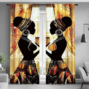 Modern African Print Curtain Set, Polyester Half-Transparent Design, Ideal for Living Room & Bedroom Decor