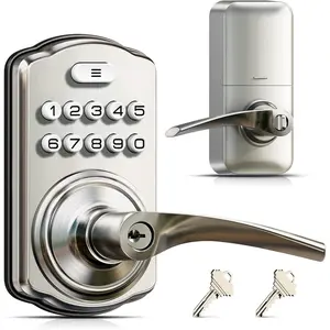 Keypad Door Lock with Handle, Keyless Entry for Front Door & Bedroom, Electronic Lock with Code, Auto-Locking, Easy Installation, Passage Mode, Satin Nickel