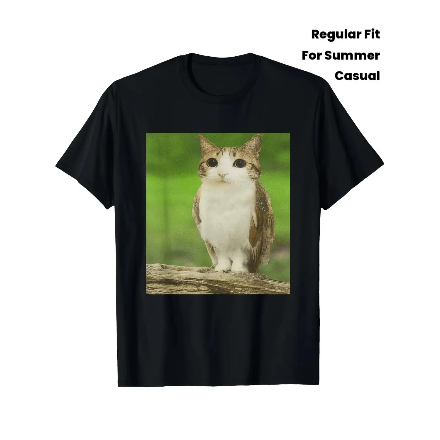 Mens Humorous Meowl Cat Owl Meme Tee Soft Black Short Sleeve Shirt Featuring Tabby Cat And Owl Design With Expressive Eyes Casual Regular Fit For Summer Daily Wear And Themed Events