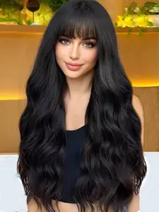 26 Inch Black Wave Wig for Women, Elegant Long Curly Synthetic Hairpiece with Bangs, Perfect for Cosplay & Halloween, Deep Wavy Wigs