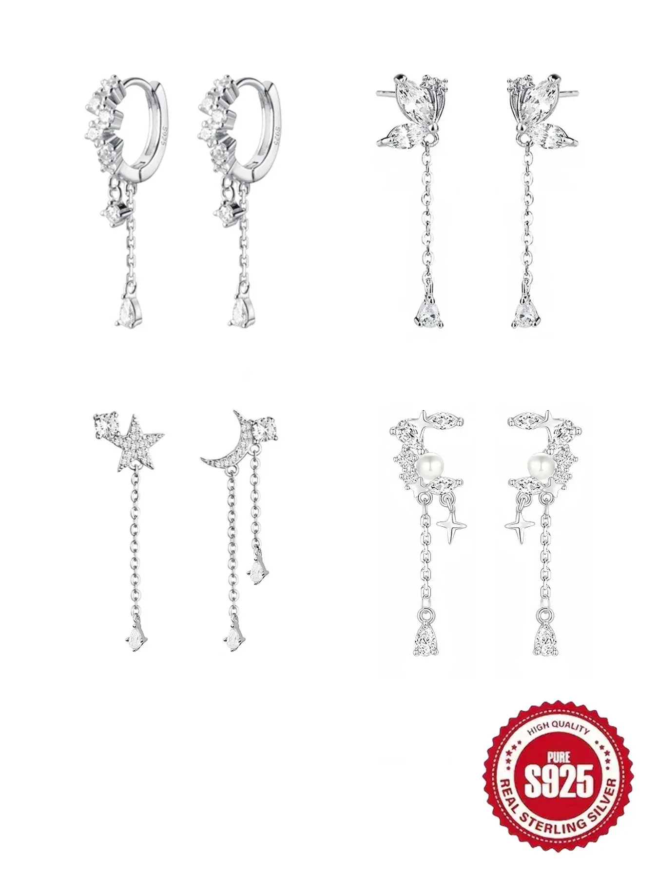 S925 Sterling Silver Butterfly & Star & Moon Design Earrings, Artificial Zircon Decor Earrings, Chain Earrings, Fashion Jewelry Accessories for Women & Girls, High Quality Earrings, Shining Earrings, Sparkling Ear Jewelry