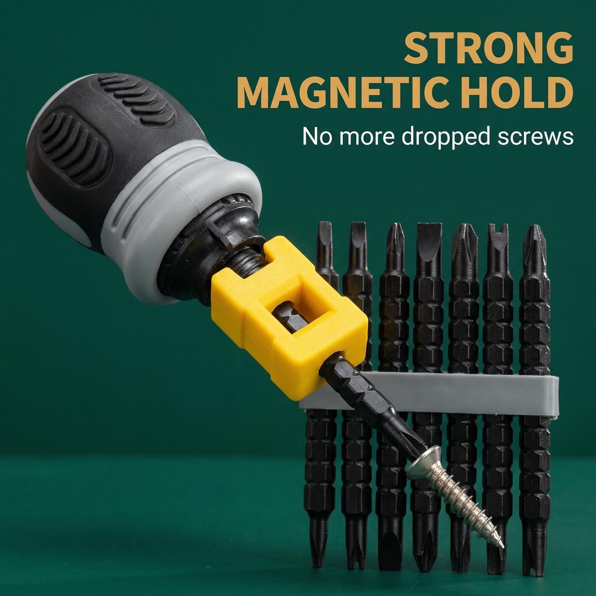 Ratchet Screwdriver 13-Piece Set+Magnetizer,CR-V Bits,Fast ReverseShort ratchet screwdriver CR-V hardened hard dual-purpose screwdriver head Telescopic dual-purpose screwdriver cross Slotted screwdriver head Screwdriver powerful magnetic multi-function