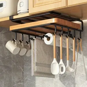 Under Cabinet Storage Rack with Hooks, Black Solid Non-Hollow Cabinet Door Shelf, Heavy Duty Kitchen Organizer, Multifunctional Cup Holder for Cutting Boards, Napkins and Kitchen Gadgets