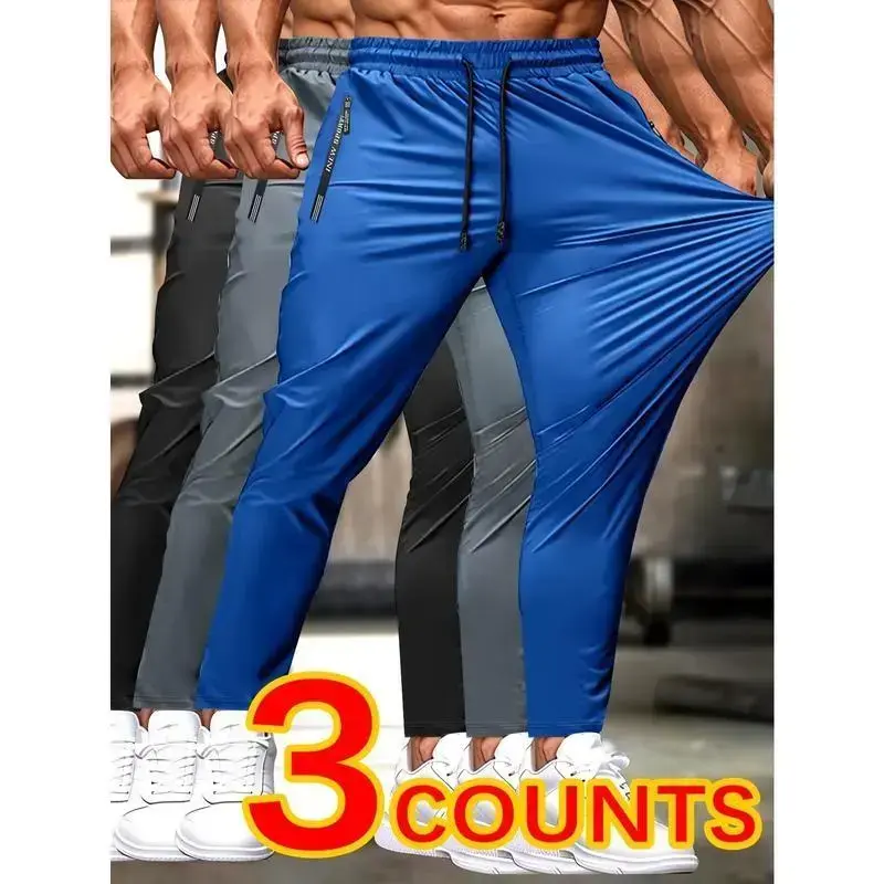 3pcs Men'S High Elasticity Breathable Pants, Casual Style with Drawstring Waist, Letter Pattern, Zippered Pockets, for Fitness Jogging Cycling - Nylon Knit Fabric, Low Waist, 9/10 Length 3pcs Men'S High Elasticity Breathable Pants, Casual Style with Drawstring Waist, Letter Pattern, Zippered Pockets, for Fitness Jogging Cycling - Nylon Knit Fabric, Low Waist, 9/10 Length