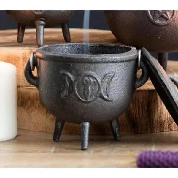 Cast Iron Cauldron With Lid - Engraved Spiral Goddess Triple Moon Symbol, 3 lb, 4.25" Deep, 4.5" Tall, Wiccan Occult Decor, Ideal for Burning Herbs, Garden Home Decor Piece