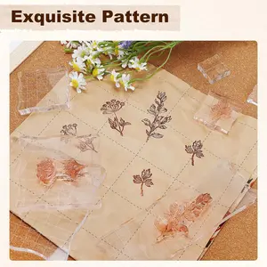 4 Sheets Clear Stamps Set for Card Making and 2 Pcs Acrylic Stamp Block, Vintage Plants and Flowers Rubber Silicone Stamps, Small Clear Stamps for Crafts Decoration and DIY Scrapbooking