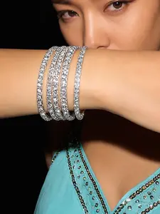 5Pcs Silver Rhinestone Stretch Bracelet Set for Women, Sparkly Crystal Tennis Bangle Stack, Layered Bracelets Jewelry for Wedding Party Prom Daily Wear