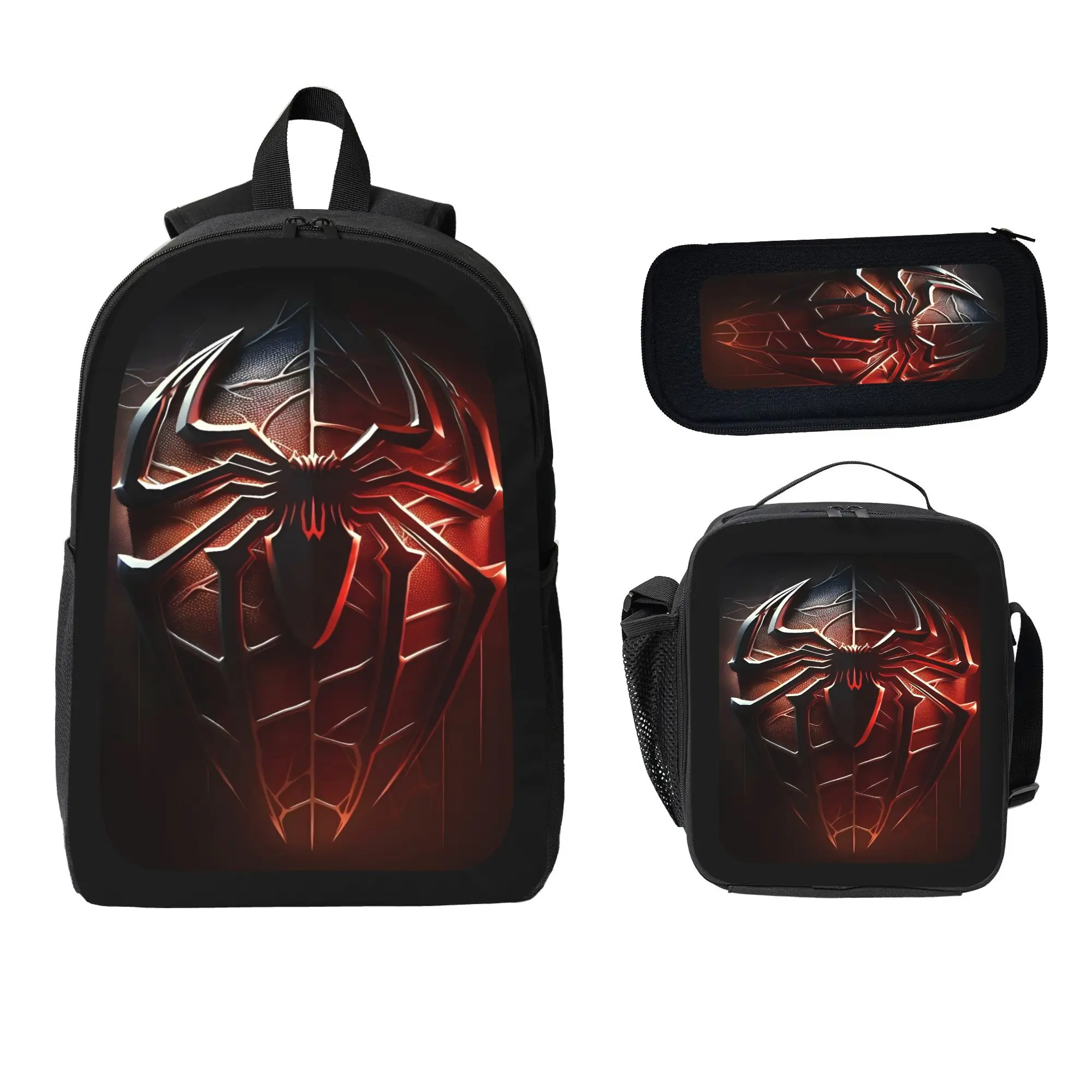 Unisex 3-Piece 17-inch Large Capacity College School Backpack Set - Bold Graphics Red Spider Pattern Backpack Set, Lightweight Streetwear Bag with Lunch Pouch & Pencil Bag for Teens, Prop 65 Safe, Back To School Haul, Spider Print