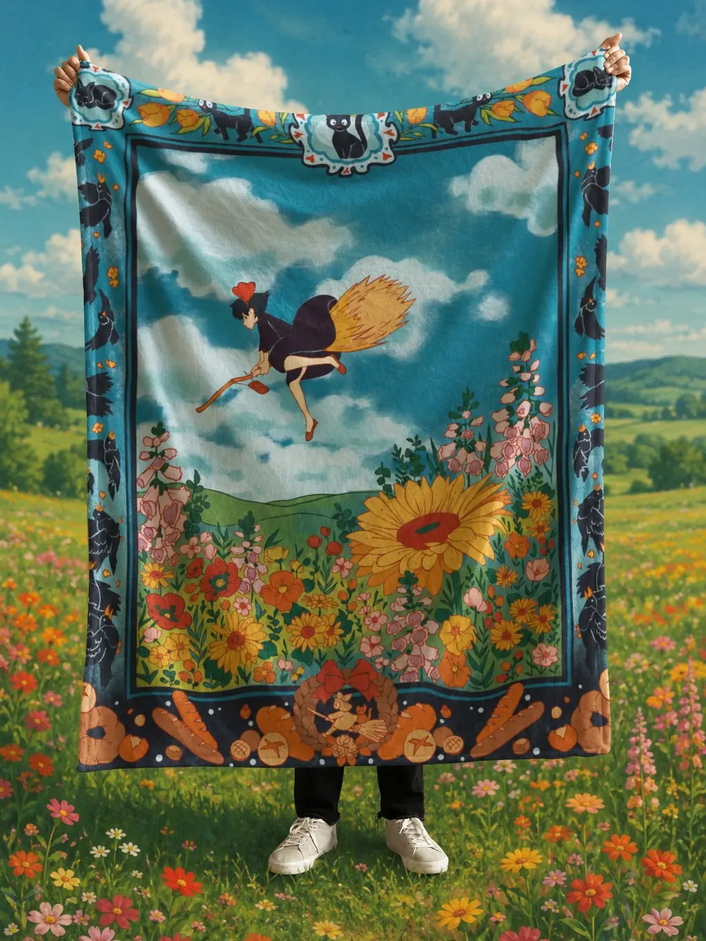 Studio Ghibli Kiki's Delivery Service Cozy Fleece Throw Blanket - Animal Characters & Art Graphic Blankets, Kiki Flying Over Sunflowers, Jiji Black Cat Bakery Border, Cottagecore Room Decor, Animal Characters Blankets