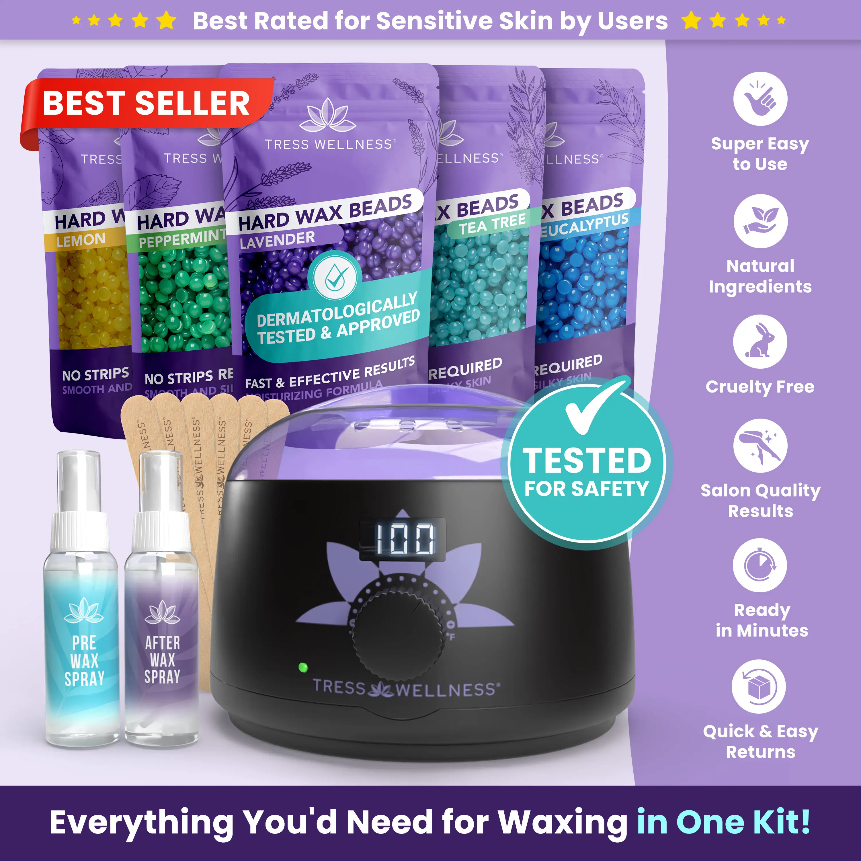 Complete Waxing Kit Set by Tress Wellness | Safe for Full Body Waxing | Armpit, Face, Legs, Brazilian and Bikini Waxing at home | At Home Waxing Kits