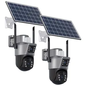 2pcs 4MP Solar Security Camera Wireless Outdise, Dual Lens PTZ WiFi Surveillance Camera, Built-in Rechargeable Battery And 8W Solar Panel, 8X Digital Zoom, Color Night Vision Spotlight, Siren, PIR Motion, Outdoor Use, Two-Way Speak, for Eseecloud APP,