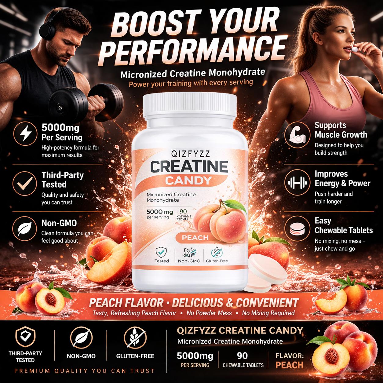 Creatine Chews 5000mg – Peach Flavor | Micronized Creatine Monohydrate, 90 Chewable Tablets | Energy, Strength & Workout Performance | No Mixing Required