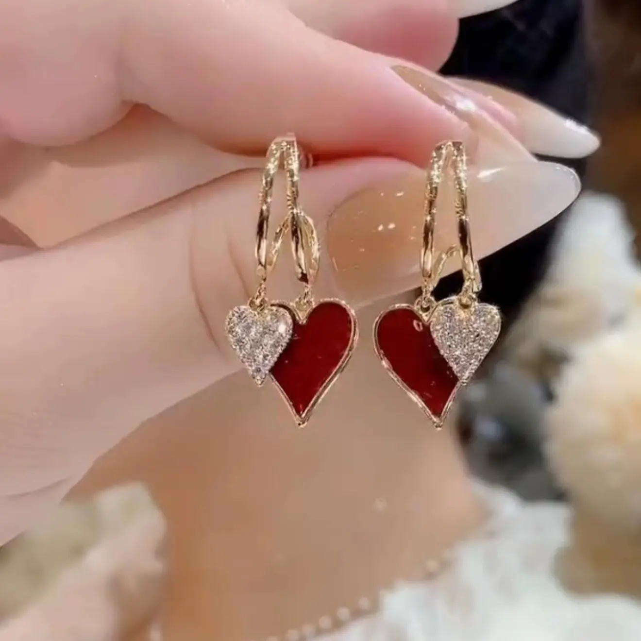 Heart Shaped Dangle Earrings for Women, Elegant Hollow Design with Red Tassel, Gold Plated Crystal Fashion Jewelry, Heart Shaped Earrings, Fashion Earrings
