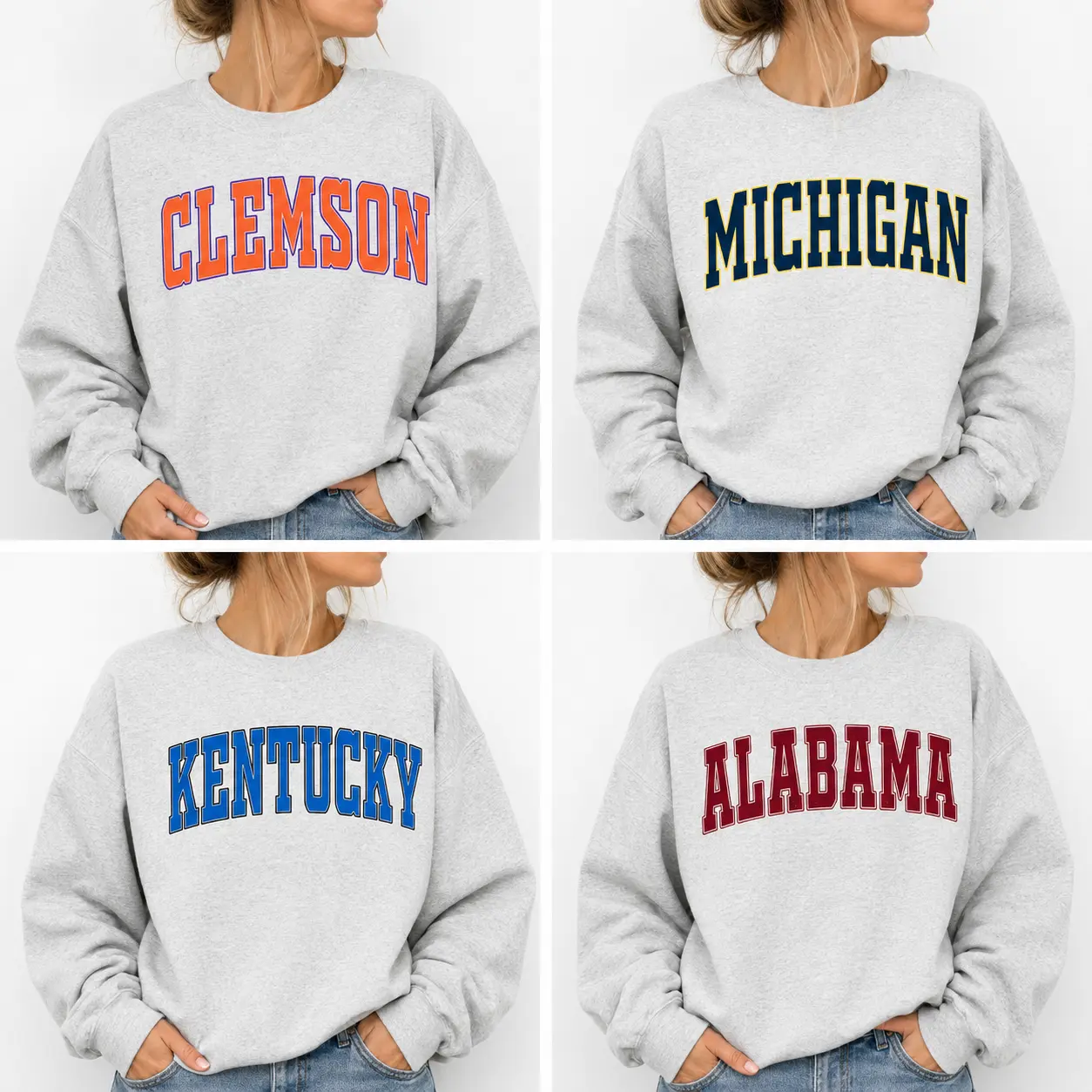 Distressed Varsity College Sweatshirt – Ash Grey, unisex classic fleece pullover with a vintage athletic look, perfect for casual layering