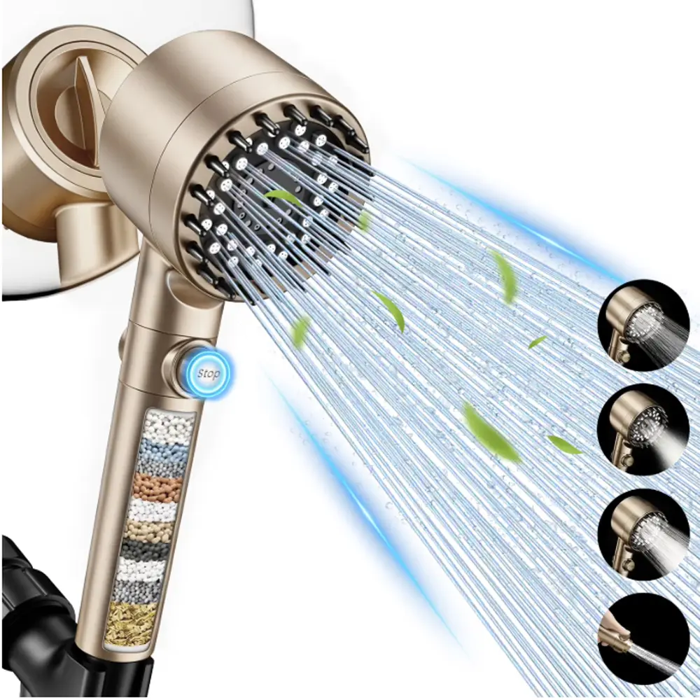 FEELSO Golden Multi-Function Filtered  Handheld Shower Head, High Pressure 4 Spray Modes, Hard Water Filter for Chlorine Removal, Dry Skin Reduction, with ON/OFF Switch for Daily Use & Pet BathBendable Handheld Showers, Multi-Function Handheld Showers