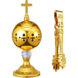 1 Set Incense Burner with Tong, Frankincense Charcoal Incense Stand Holder, Ideal for Yoga, Spa, Aromatherapy, Home and Christian Church Censer (Gold,Retro)