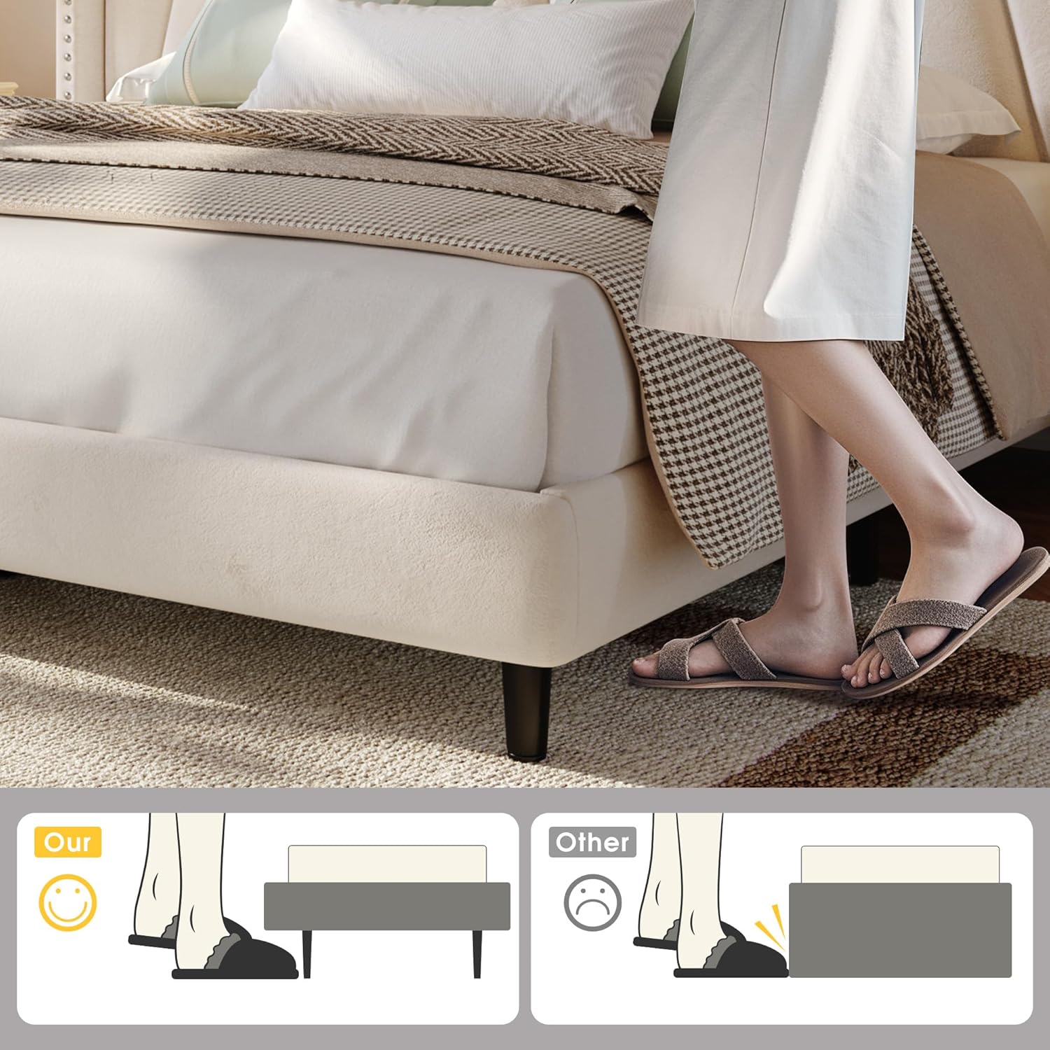 Solid Wood Queen/King Size Bed Frame with 51" Velvet Upholstered Headboard, up to 900 LBS Foundation with All Sturdy Metal Support,Headboard with Charging Station and LED Lights, Wingback Headboard, No Box Spring Needed, Noise-Free,Easy Assembly