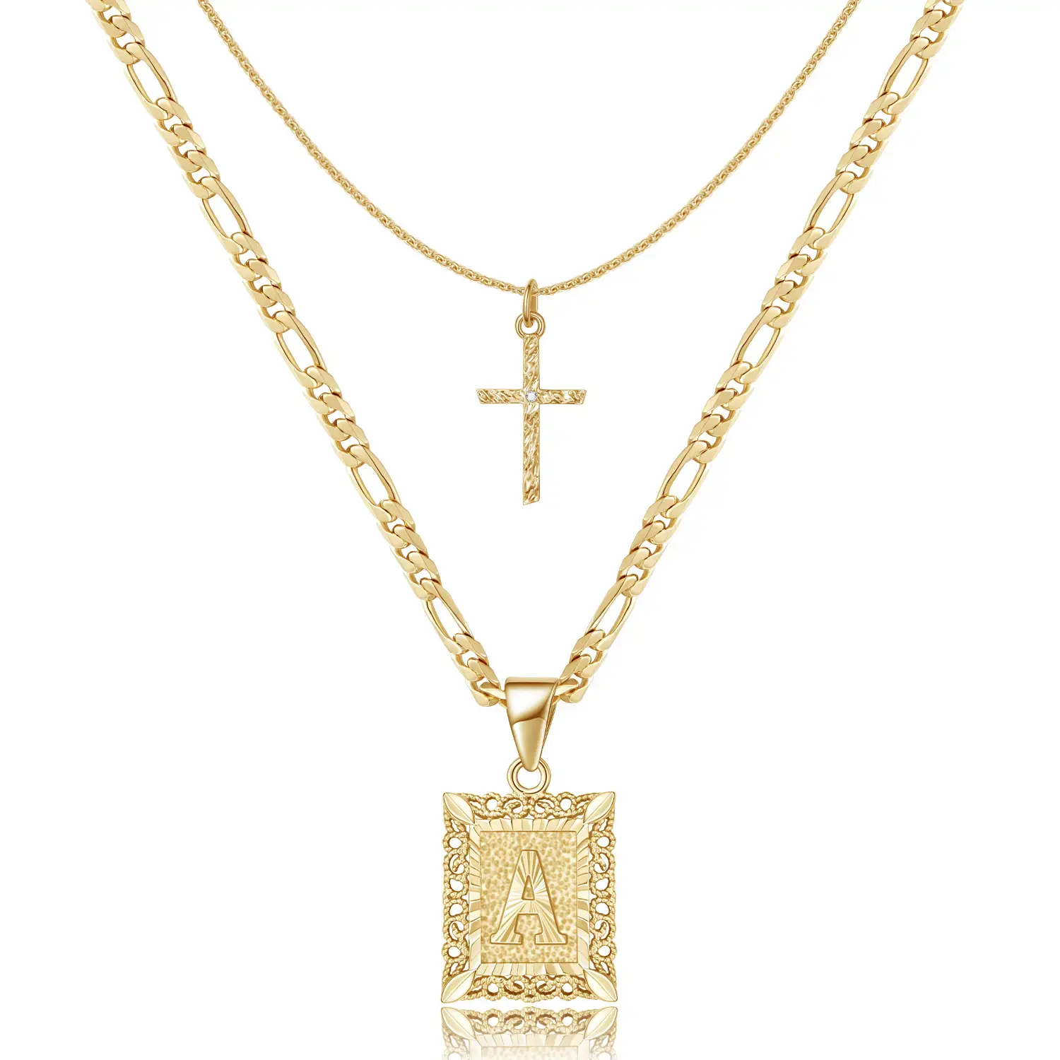 14K Gold Plated Layered Initial Cross Necklace A-Z, Vintage Square Letter【Letter X】Figaro Chain Cross Pendant Necklace, Hypoallergenic Personalized Name Initial Jewelry Gift For Women