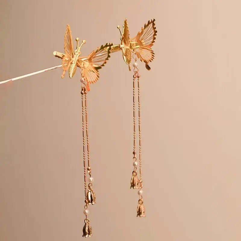 2PCS Ethnic-Style Butterfly Hair Clip - Blue Imitation Turquoise Pearl, Red Rhinestone Tassel, Gender-Neutral, Pearl-Adorned, Rhinestone-Studded, for Hanfu Qipao, Spring-Summer Versatility, Blue/Pink Options, Hair Tools Flower Hair Clips Hair Clip Set