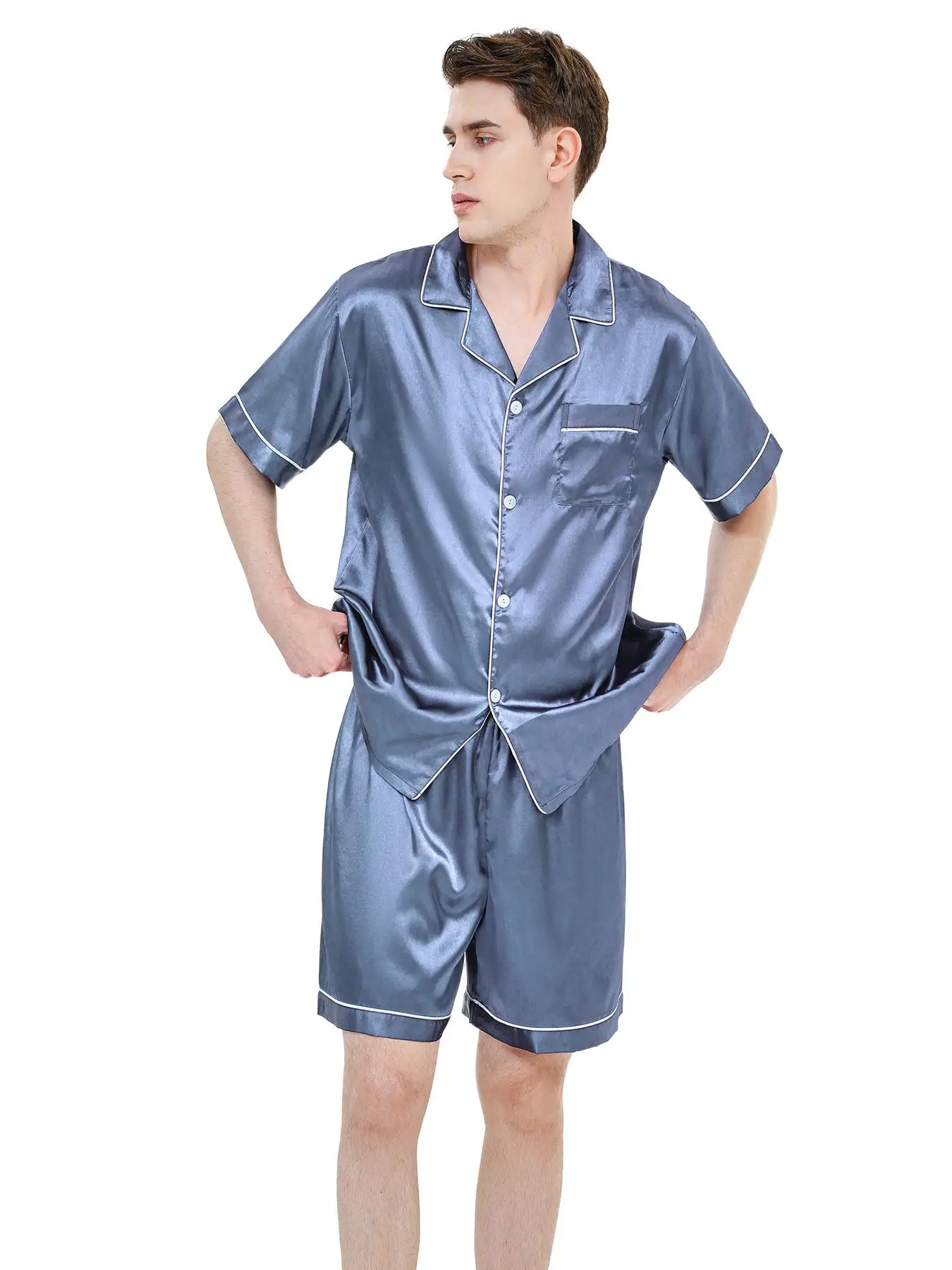 2 Pieces Men's Satin Contrast Binding Pyjama Set, Casual Pocket Shirt & Sleep Shorts, Mens Nightwear, Summer Clothes, Men's Sleepwear & Loungewear Set