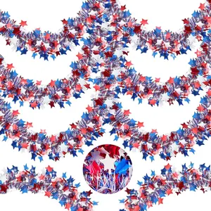 50 FT Red White Blue Patriotic Tinsel Garland for 4th of July Memorial Day Independence Day Home Party Holiday Decorations
