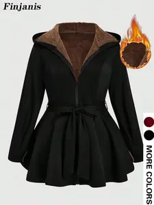 Women's Plus Size Fleece Hooded Jacket, Waist Cinched Bow, Skirt Hem, Warm Elegant Style, Fall & Winter Fashion