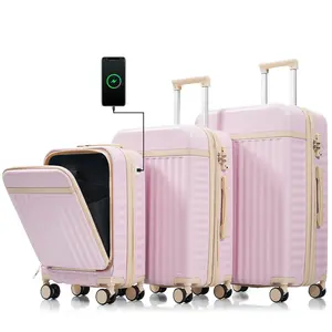 3-piece luggage set with a 20 inch boarding case that complies with regulations, front opening for computer files, USB interface for battery life, ABS hard shell for durability, universal wheels for effortless pushing, essential for business trips