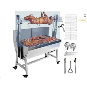 Rotisserie Grill With Windscreen Electric BBQ Whole Pig Lamb Spit Grill Stainless Steel Rotisserie Roaster w/ 50W 198 Lbs Capacity Electric Motor Roaster With Lockable Wheels for Camping Outdoor