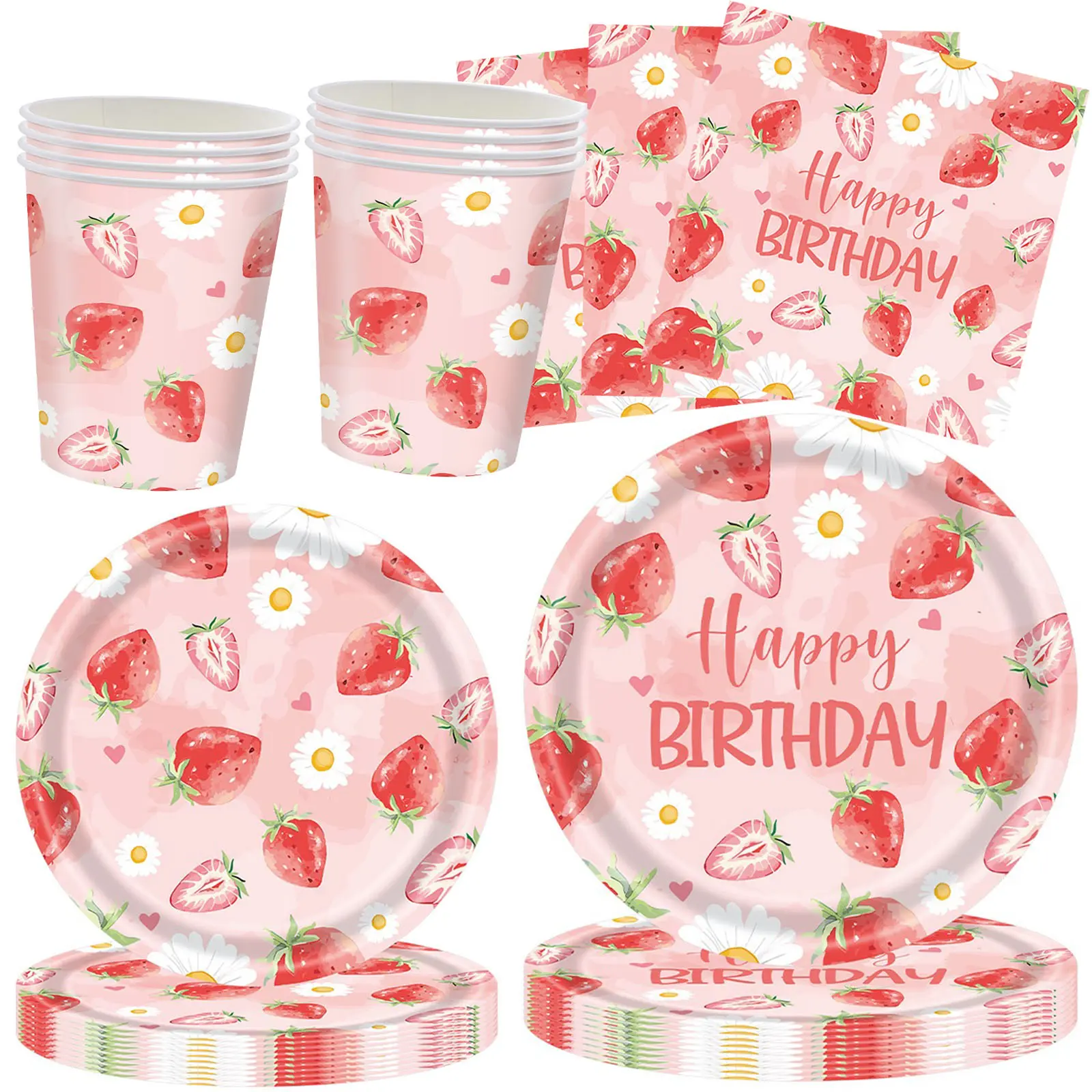 68-Piece Strawberry Birthday Party Plate Napkin Set, Happy Birthday Sweet Fruit Theme Disposable Decorations, Suitable for Berry Themed Parties, Disposable Tableware, Party Supplies