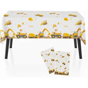 2 Pack Construction Party Tablecloth for Kids, Digger and Excavator Theme Table Cover, 108x54 Inch Truck Birthday Party Decors for Boys, Rectangle Waterproof Table Cloth