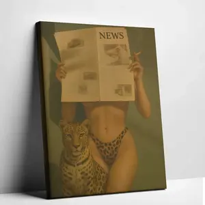 Vintage leopard print posters, cheetah and bikini wall decorations, vintage newspaper style, academic style wall decorations, a blend of mural art and feminist posters, vintage women's canvas prints.