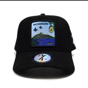 Zaja Brand Michoacan District Black Suede Snapback Hat with Custom Scenic Design Vibrant Lake Patzcuaro Scene Avocado and Butterflies